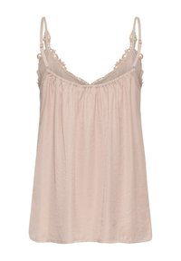 Hele roosa reguleeritavate õlavarrelingidega kampsik, millel on kogutud esiosa, pitsist detailid kaeluse ümber ja pehme voogav kangast tekstuur.