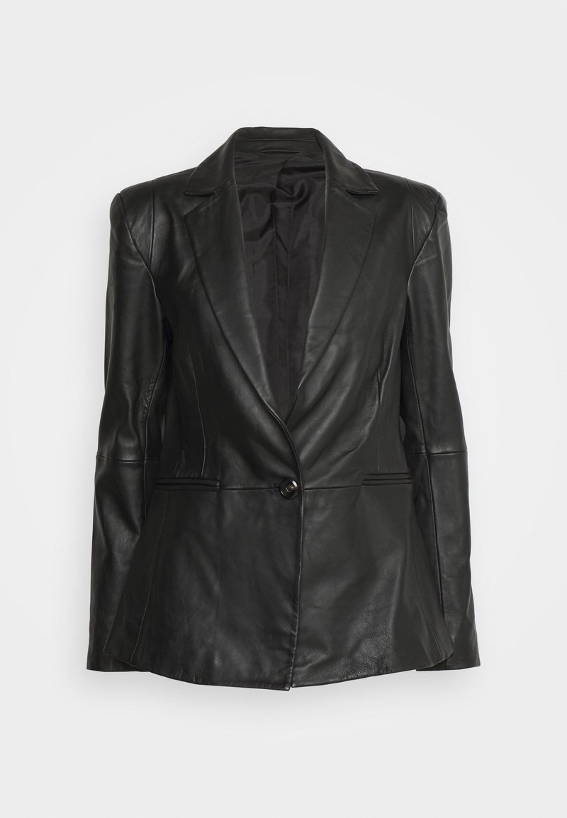 Blazer en cuir noir avec une fermeture à un bouton, revers à cran, manches longues et doublure intérieure lisse.