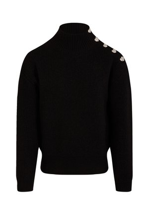 Maglione nero lavorato a maglia con collo alto, caratterizzato da una texture a coste e bottoni decorativi in argento su una spalla.