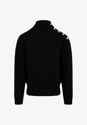 Pull en maille noire avec un col haut, présentant une texture côtelée et des boutons en argent décoratifs sur une épaule.