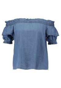 Top in denim off-the-shoulder con scollatura arricciata, maniche a sbuffo corte e vestibilità rilassata. Texture morbida in blu medio.