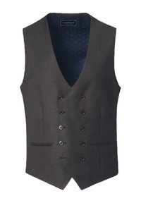 Brązowa kamizelka z dekoltem w serek, podwójnym zapięciem, sześcioma guzikami i kieszeniami po bokach. Podszewka w ciemnoniebieskim kolorze z delikatnym wzorem.