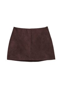 Tamno smeđa gamo mini suknja s srednjim šavom i bočnim zatvaranjem na cipzu, prikazana na bijeloj pozadini.