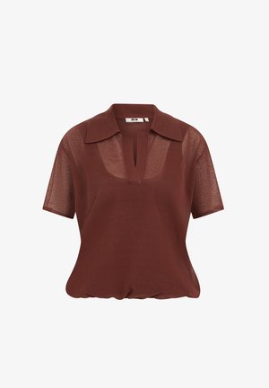 Blusa marrón translúcida de manga corta con cuello ancho, escote profundo en V y dobladillo fruncido.