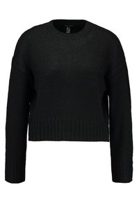 Czarny dziany sweter z okrągłym dekoltem, długimi rękawami i ściągaczem. Posiada teksturowany materiał i lekko skrócony krój.