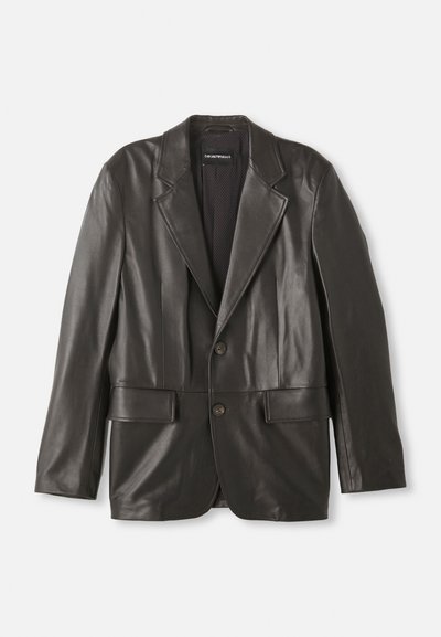 Black leather blazer with notch lapels, two buttons, and flap pockets, laid flat against a white background.