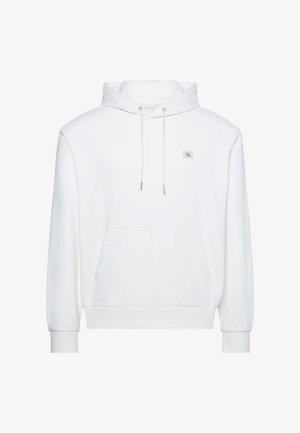 Hvit bomulls-hettegenser med frontlomme, justerbare snorer, ribbede mansjetter og en liten Calvin Klein-logo på brystet.