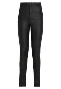 Höga svarta läderbyxor med en slät textur, smal passform och en framknapp med dragkedja.