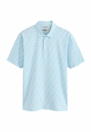 Tricou polo cu mâneci scurte, culoare albastru deschis, cu model subtil în valuri, guler și fante cu nasture simplu, înscris mediu, de la NEXT x Musée d'Art.