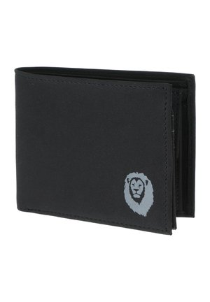 Portefeuille noir bifold avec des bords cousus, arborant un logo tête de lion argenté en bas à droite devant.