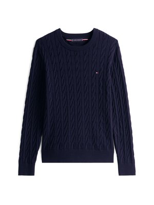 Navy blue cable-knit sweater featuring a round neckline and ribbed cuffs and hem. Includes a small logo accent on the chest.