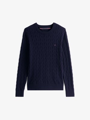 Maglione blu navy a maglia cable-knit con scollo rotondo e polsini e orlo a coste. Include un piccolo logo sul petto.