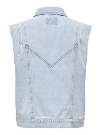 Lyseblå, ærmeløs denimvest med spids syning i rygstykket og en lille rektangulær lap nær kraven.