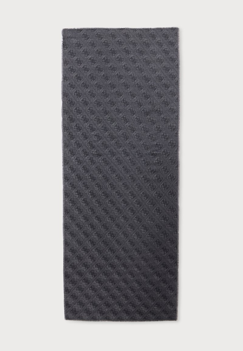 Longue écharpe rectangulaire gris foncé avec un motif monogramme subtil répété sur toute la surface.