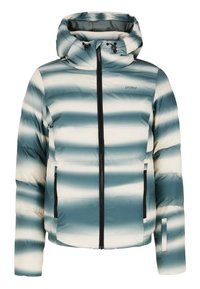 Geplüschte Jacke mit Kapuze, die ein grün-weiß gestreiftes Muster aufweist, einen Frontreißverschluss hat und schwarze Akzente an Taschen und Reißverschlüssen besitzt.