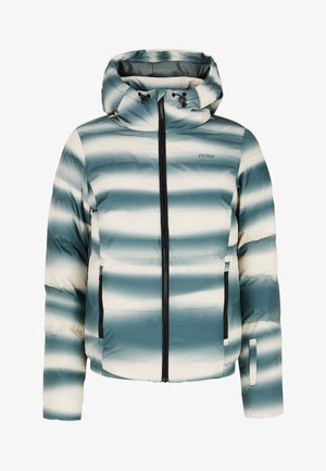 Geplüschte Jacke mit Kapuze, die ein grün-weiß gestreiftes Muster aufweist, einen Frontreißverschluss hat und schwarze Akzente an Taschen und Reißverschlüssen besitzt.