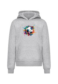 Grijze hoodie met een kleurrafie van een voetbal in een verfspatontwerp. Inclusief een voorzak en een capuchon met trekkoord.