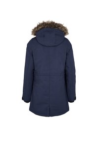 Marineblauwe parka met een bontvoerende capuchon, lange mouwen en een rechte snit. Voorzien van knopenmanchetten en een rugnaad voor structuur.