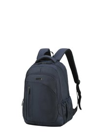 Zaino blu navy con tessuto testurizzato, molteplici scomparti con zip, spallacci regolabili e una maniglia superiore per un facile trasporto.