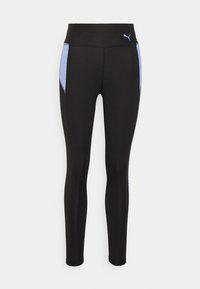 Leggings neri con vita alta, dotati di pannelli laterali azzurri chiari, tessuto testurizzato e un piccolo logo sulla vita.
