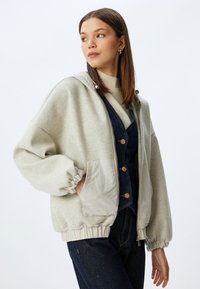 Giacca a hoodie grigio chiaro con polsini e vita elasticizzati, caratterizzata da una texture liscia. Presenta una tasca frontale beige a contrasto e una chiusura con zip.