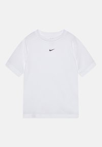 Vit kortärmad träningsskjorta i lätt och andningsbart tyg. Har en svart Nike-logotyp på bröstet. Platta sömmar och rundad halsringning.