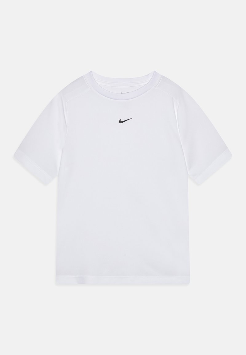 Vit kortärmad träningsskjorta i lätt och andningsbart tyg. Har en svart Nike-logotyp på bröstet. Platta sömmar och rundad halsringning.