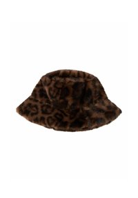 Brun leopardmönstrad kunstpäls bucket hat med mjuk textur och bred skärm, med en rundad topp och en avslappnad, okonstruerad design.