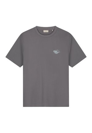 Gray cotton t-shirt with a crew neck, short sleeves, and a small embroidered logo in light blue on the left chest area. Smooth texture.