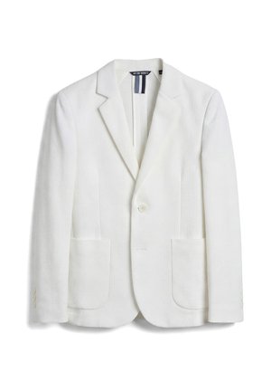 Witte herenblazer met één knoop, met inkeping rever, twee voorzakken en gestructureerde stof, weergegeven op een witte achtergrond.