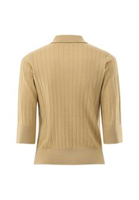 Strickpullover in camel Farbe mit vertikaler Rippstruktur, kurzen Ärmeln und klassischem Kragen. Glattes Material mit lockerer Passform.