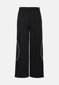 Fekete sportnadrág széles szárú kialakítással, rugalmas derékrésszel és fehér paszpól díszítéssel az oldalak mentén. Könnyű anyagból készült.