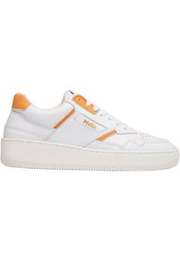 White leather sneakers with orange accents, perforated toe, flat laces, and a textured rubber sole featuring horizontal grooves.