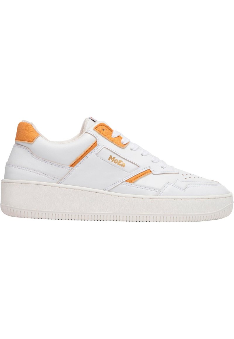 White leather sneakers with orange accents, perforated toe, flat laces, and a textured rubber sole featuring horizontal grooves.