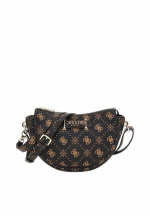Sac bandoulière semi-circulaire noir avec motif logo Guess marron, quincaillerie argentée, bandoulière réglable et plaque métallique Guess à l'avant.