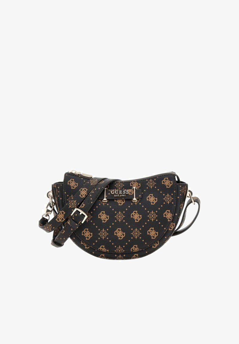 Sac bandoulière semi-circulaire noir avec motif logo Guess marron, quincaillerie argentée, bandoulière réglable et plaque métallique Guess à l'avant.
