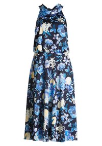 Ärmelloses Blumen Kleid mit drapierter Halslinie, marineblauem Grund, großen blauen und gelben Blumen sowie einem fließenden Design, das bis zum Knie reicht.