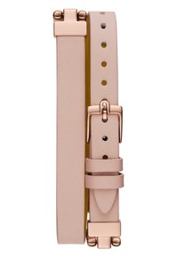 Cinturino per orologio in pelle rosa con fibbia in oro rosa lucido, diverse forature per la regolazione e una texture liscia, con ulteriori dettagli a forma di anello.