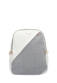 White and gray backpack with textured fabric, featuring a diagonal mesh design, gold hardware accent, and a zippered top closure.