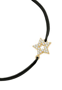 Juodas pintas virvės kaklo vėrinys, turintis auksinę žvaigždutę, dekoruotą skaidriais kristalais, sukuriantis detalų, akį traukiantį dizainą.