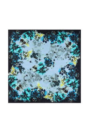 Square scarf with blue, teal, and yellow floral pattern on a light blue background framed by dark edges.