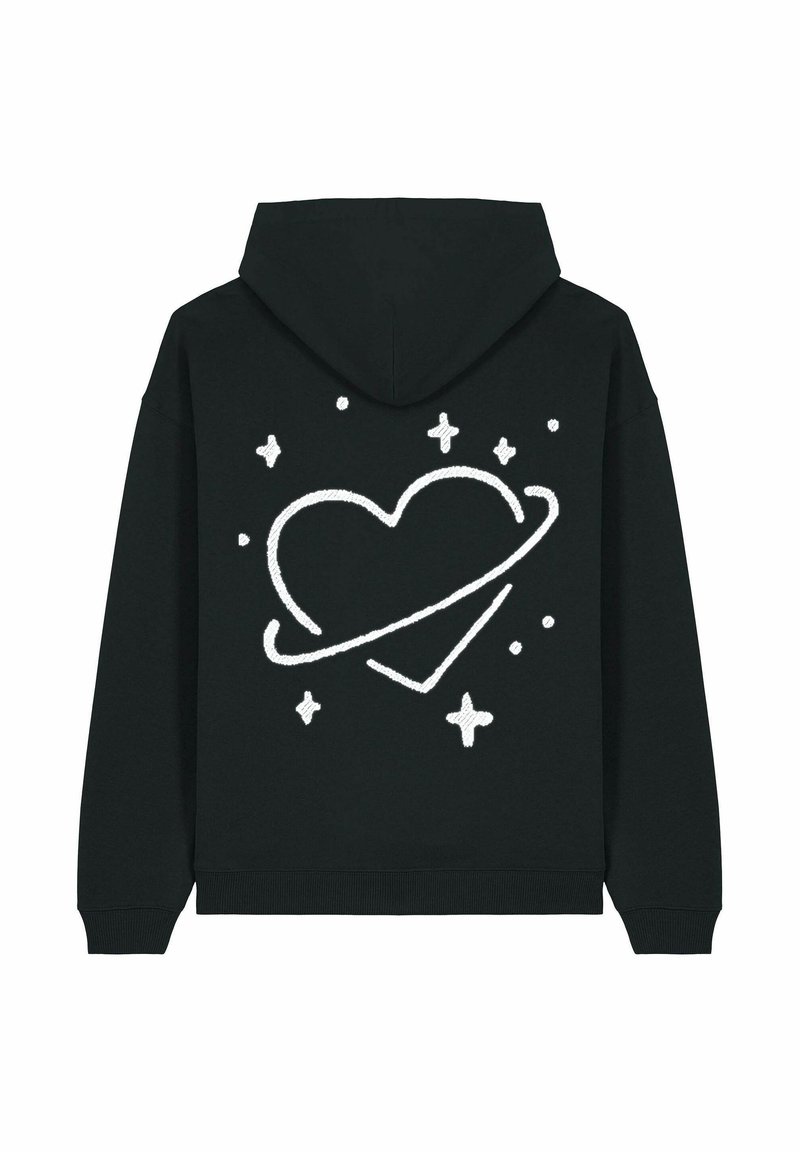Felpa nera con cappuccio caratterizzata da un design a cuore bianco con un anello e stelle sul retro. Tessuto morbido con una vestibilità rilassata.