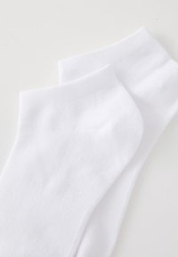 Une paire de chaussettes blanches unies à la cheville reposant à plat sur une surface blanche, mettant en avant leur texture douce et leurs bords côtelés.