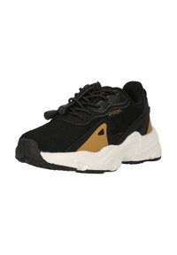 Mustat urheilukengät, joissa on verkkopinta, beige korostus ja valkoinen välipohja. Varustettu joustavilla nauhoilla ja teksturoidulla pohjalla pidon parantamiseksi.