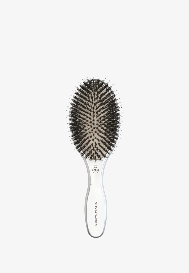 Ovale haarborstel met zwarte haren en pinnetjes, doorzichtige handgreep met het merk "Olivia Garden" op een witte achtergrond.