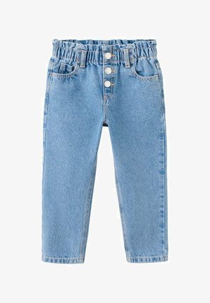 Svijetloplave traper hlače za malu djecu s elastičnim pojasom, tri srebrna gumba, prednjim džepovima i ravnim krojem nogavica.