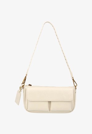 Mała kremowa torebka na ramię ze skóry, z kieszenią na przodzie, zapięciami w kolorze złota oraz regulowanym paskiem z detalem przeszycia.