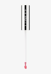 Clinique lip product in metallic silver container with embossed logo, featuring a white applicator wand and a small amount of pink gloss on tip.