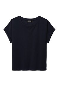 T-shirt à manches courtes bleu marine, en coton doux, avec un col rond et une coupe décontractée à manches retroussées. Design simple et uni.