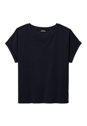 T-shirt à manches courtes bleu marine, en coton doux, avec un col rond et une coupe décontractée à manches retroussées. Design simple et uni.
